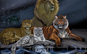 тигр, небо, арт, вода, волны, животные, взгляд, луна, леопард, лев, хищники, грива, живопись, снежный барс, царь зверей