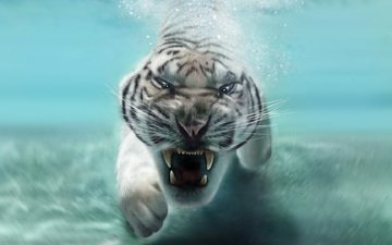 морда, клыки, хищник, животное, пасть, белый тигр, в воде