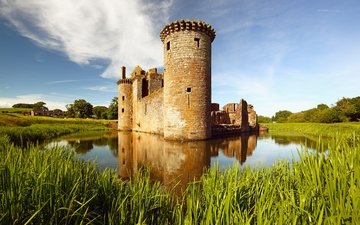трава, озеро, замок, башня, старинный, старое здание