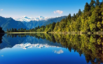 небо, вода, озеро, горы, лес, отражение, новая зеландия