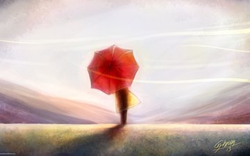 небо, арт, человек, спина, ветер, живопись, красный зонт