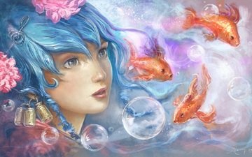 глаза, арт, вода, девушка, взгляд, рыбки, живопись, пузырьки, голубые волосы