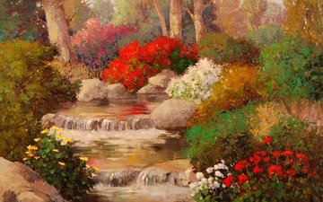 цветы, деревья, вода, природа, розы, живопись, ручеёк