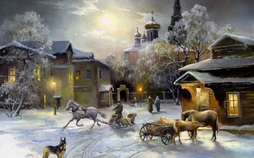 небо, свет, снег, зима, собака, дома, церковь, лошади, окна, живопись, овчарка