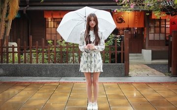 девушка, платье, дождь, ножки, волосы, лицо, зонтик