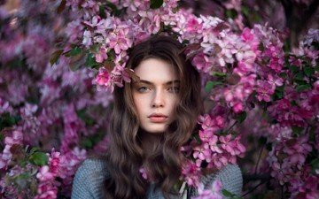 цветы, цветение, девушка, портрет, взгляд, модель, весна, лицо, длинные волосы
