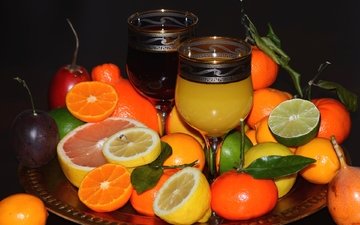 лимон, апельсин, лайм, бокалы, мандарин, цитрусы, сок