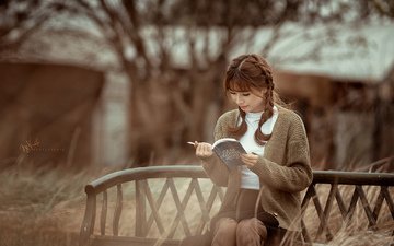 девушка, сидит, книга, азиатка, косички, читает