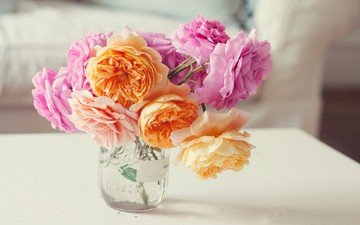 розы, стол, букет, ваза