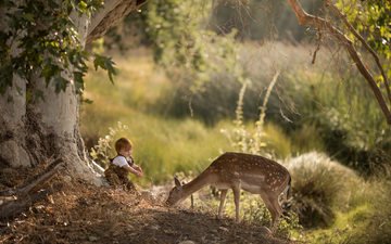 природа, лес, олень, настроение, парк, дети, ребенок, мальчик, малыш, доброта