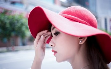 красная, шляпа, азиатка