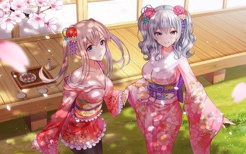 цветы, аниме, девушки, кимоно, anime girls, kantai collection, kashima, graf zeppelin, kancolle