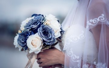цветы, букет, руки, невеста, свадебный