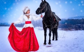 лошадь, зима, девушка, шапка, наряд, меха