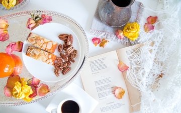 орехи, роза, лепестки, кофе, книга, платок, турка, пекан, поэзия