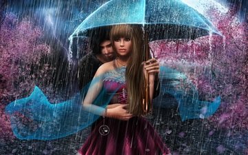 девушка, молния, взгляд, парень, дождь, любовь, романтика, зонт, сакура, нежность, объятия