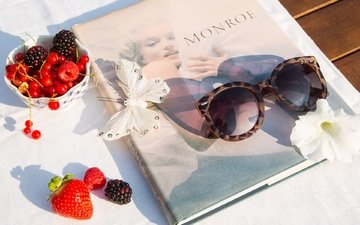 очки, бабочка, ягоды, книга, монро