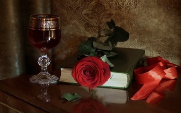 роза, бокал, вино, лента, книга
