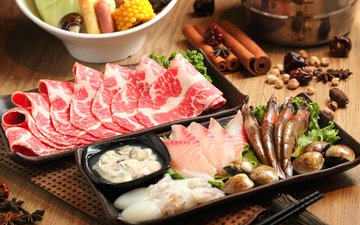 корица, мясо, рыба, морепродукты, креветки, кальмары, специи, японская кухня, ассорти, бадьян, блюда, моллюски