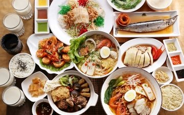 рис, морепродукты, японская кухня, ассорти, блюда, соусы