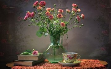 текстура, розы, книги, букет, чашка, чай