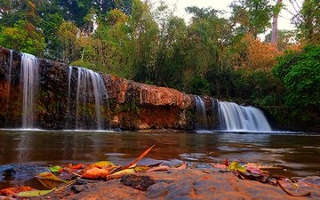 деревья, камни, лес, водопад, камбоджа, banlung waterfalls