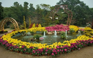 цветы, деревья, дизайн, парк, дорожка, разноцветные, фонтан, китай, арка, скульптуры, hangzhou botanical garden