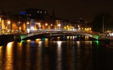 ночь, фонари, огни, река, мост, канал, дома, набережная, ирландия, дублин
