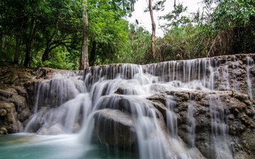 деревья, камни, лес, ручей, водопад, тропики, лаос, kuang si falls
