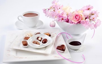 цветы, роза, конфеты, сакура, чашка, праздник, 8 марта, конфета, в шоколаде, какао,  цветы
