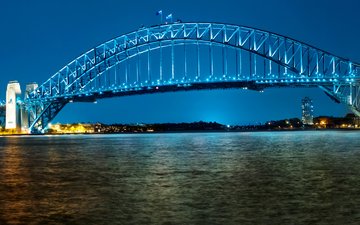 ночь, фонари, огни, река, мост, набережная, сидней, австралия