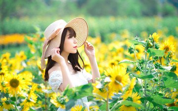 цветы, девушка, лето, шляпа, азиатка