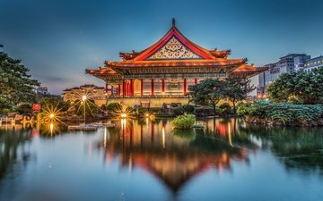отражение, тайбэй, тайвань, пруд, здание, chiang kai-shek memorial hall, мемориальный зал чан кайши, концертный зал