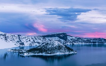 озеро, восход, природа, зима, рассвет, остров, орегон, crater lake national park, озеро крейтер, кратерное озеро