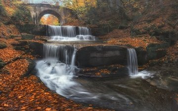 река, листья, мост, водопад, осень, каскад, болгария