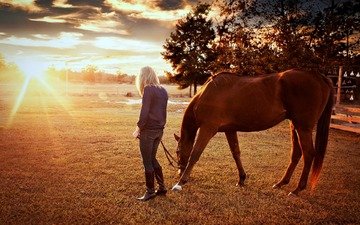 лошадь, деревья, восход, солнце, природа, девушка, конь, солнечные лучи
