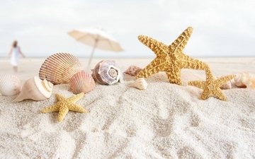 берег, стиль, море, песок, пляж, ракушки, зонтик, морские звезды, пляжный натюрморт