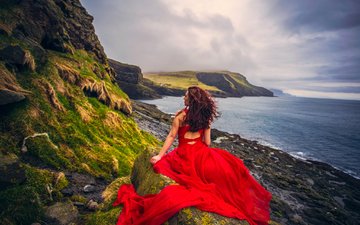 закат, девушка, настроение, платье, побережье, океан, красное платье, фарерские острова, дания, атлантический океан, atlantic ocean