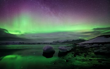 пейзаж, северное сияние, исландия, aurora borealis