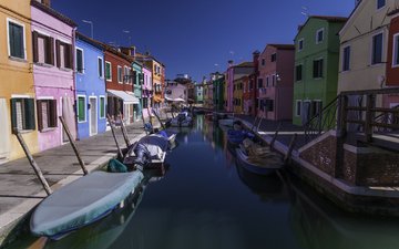 вода, город, венеция, канал, дома, италия, цветные, бурано