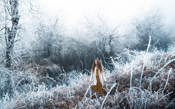 трава, снег, лес, девушка, настроение, иней, длинные волосы, lizzy gadd, winter frost