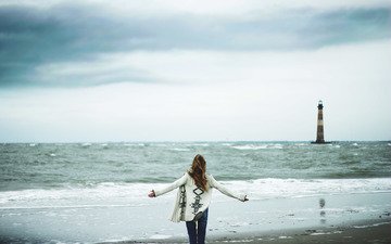 девушка, пляж, маяк, океан, атлантический