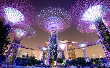 ночь, огни, мегаполис, парки, сингапур, gardens by the bay, marina bay sands
