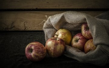 фрукты, яблоки, доски, мешок, натюрморт, брусья