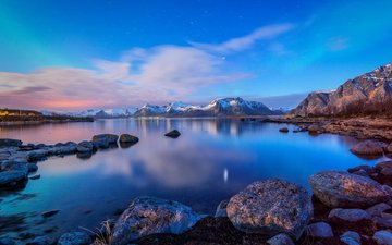 вода, горы, природа, камни, пейзаж, залив, норвегия, лофотенские острова