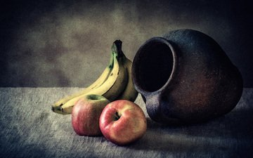 фрукты, яблоки, кувшин, бананы, натюрморт