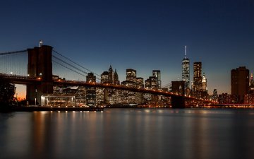 ночь, огни, отражение, горизонт, зеркало, нью-йорк, соединённые штаты, бруклинский мост