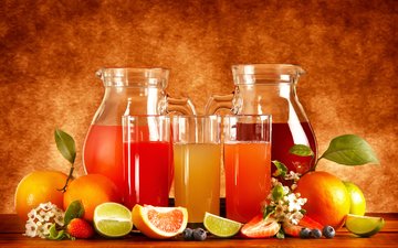 напиток, фрукты, апельсины, клубника, ягоды, апельсин, лайм, напитки, черника, стакан, графин, сок