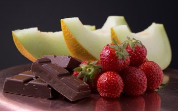 фрукты, клубника, ягоды, шоколад, дыня