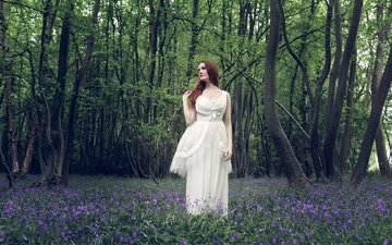 цветы, лес, волосы, женщина, белое платье